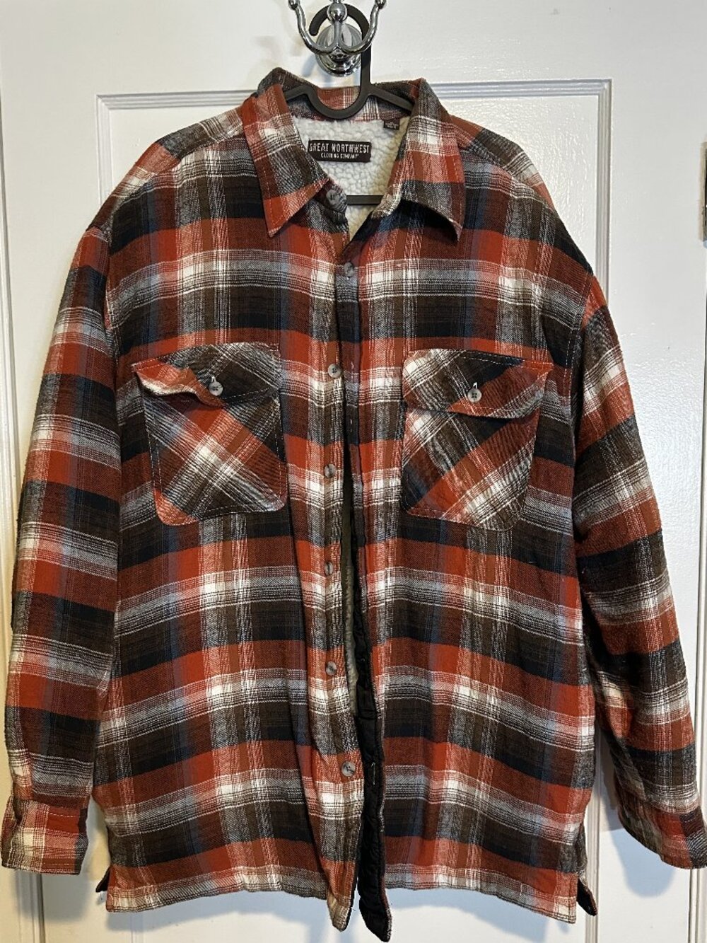Great Northwest Men's Sherpa Lined Flannel Shirt Jacket Plaid Red Brown, Sz XL